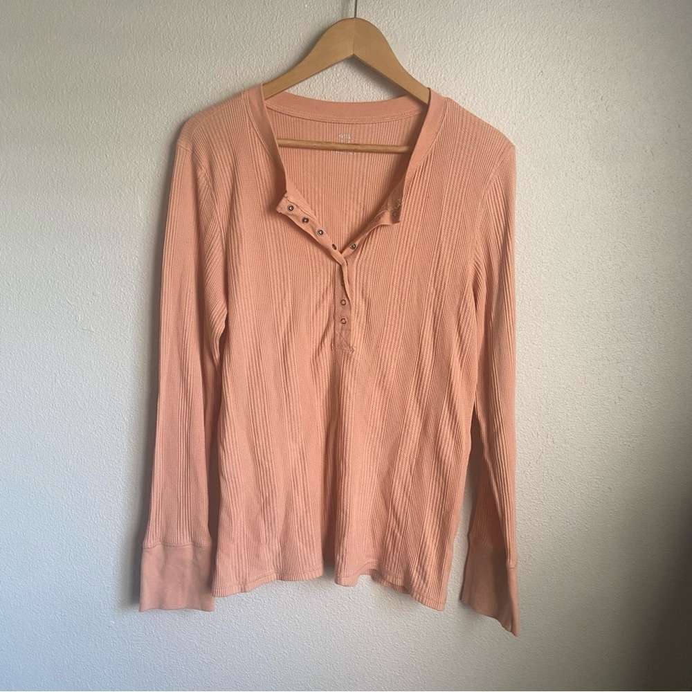 Aerie Coral Pink Waffle Knit Button Front Henley Top